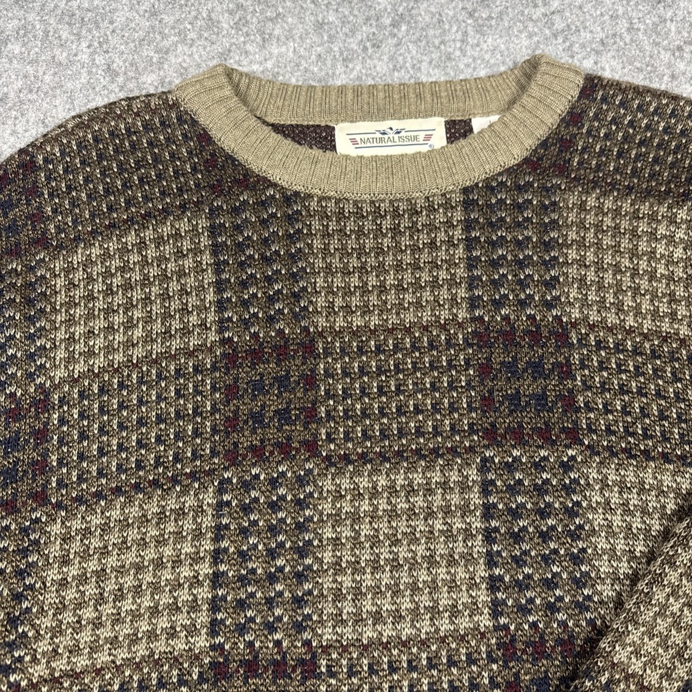 Vintage Natural Issue Sweater Mens Large Plaid Knit Brown Plaid Classic‎ Grandpa